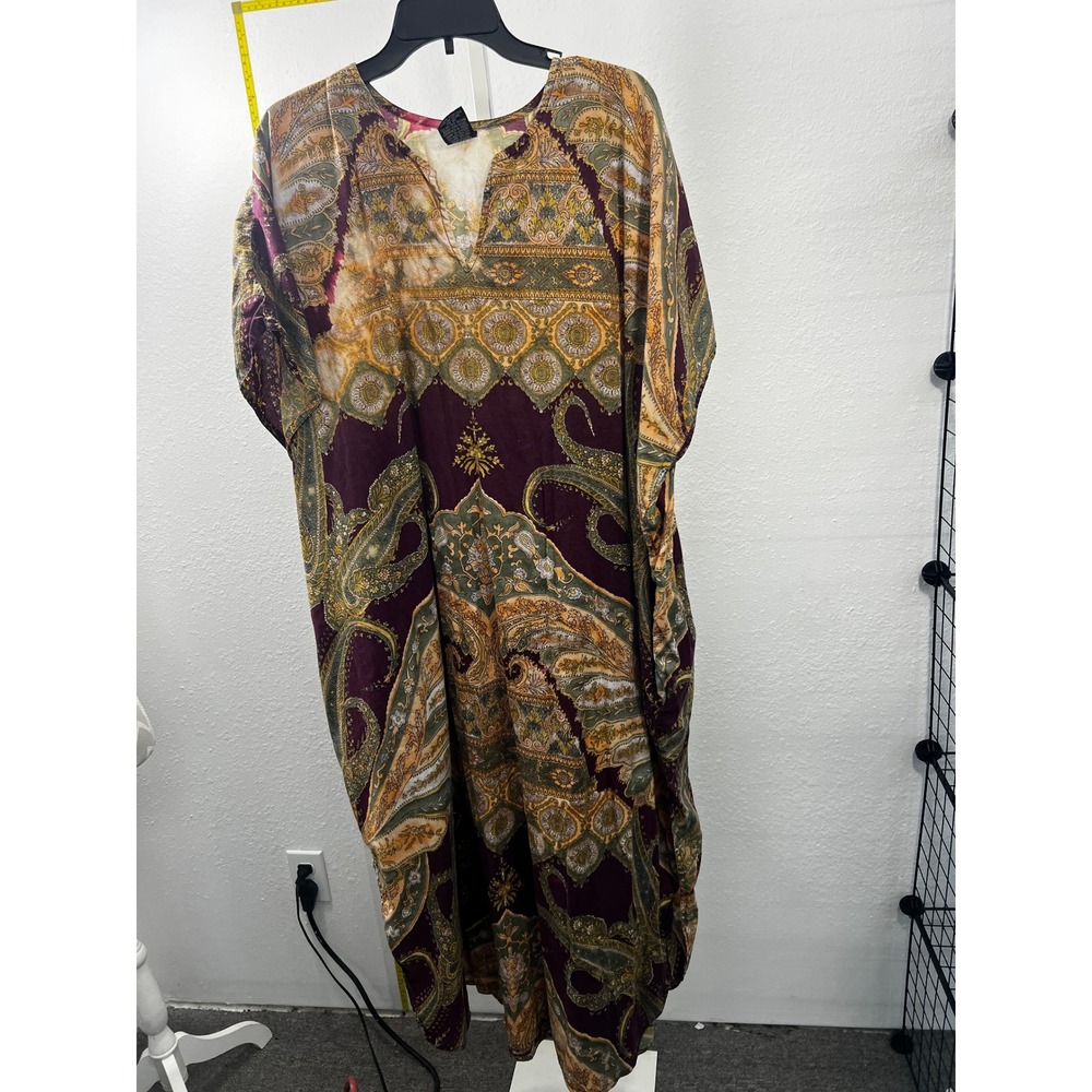 Naqui Womens Cotton Kaftan Dress Paisley Boho Maxi Loungewear One Size Burgundy